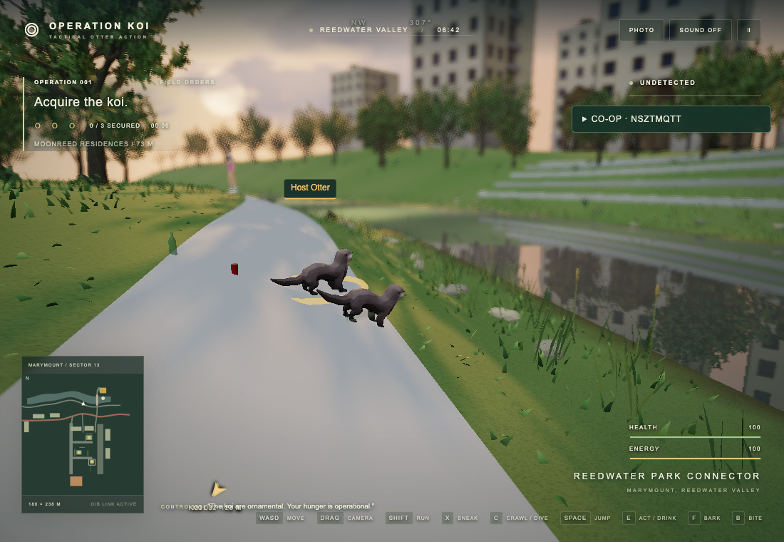 Two otters beside the river in Operation Koi’s multiplayer game
