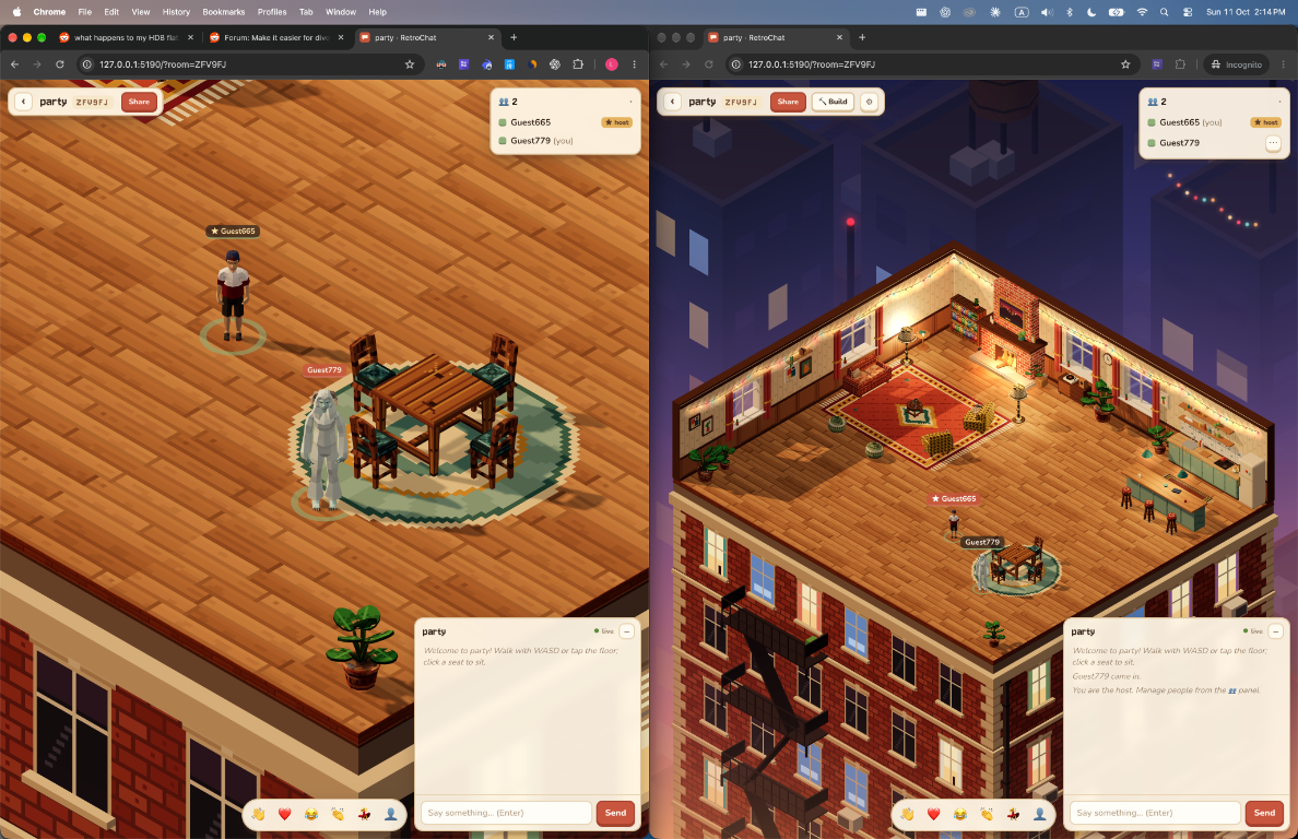 Friends chatting in RetroChat’s cosy isometric room