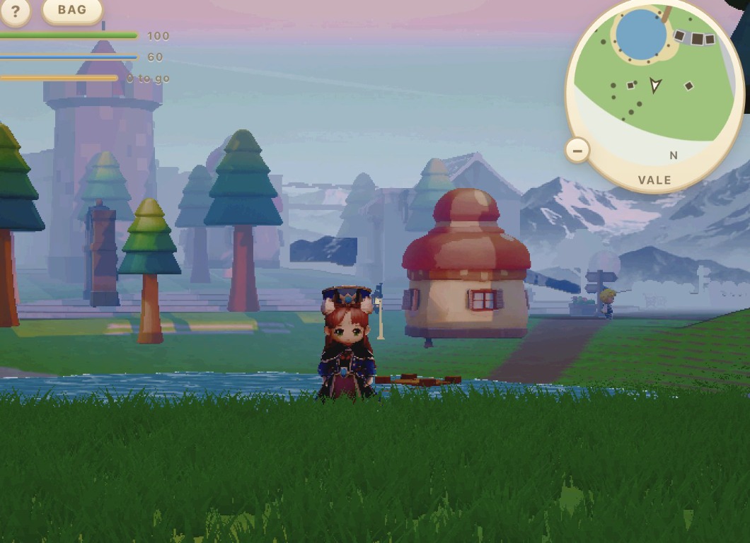 Three Leaf Saga character standing in a lakeside village